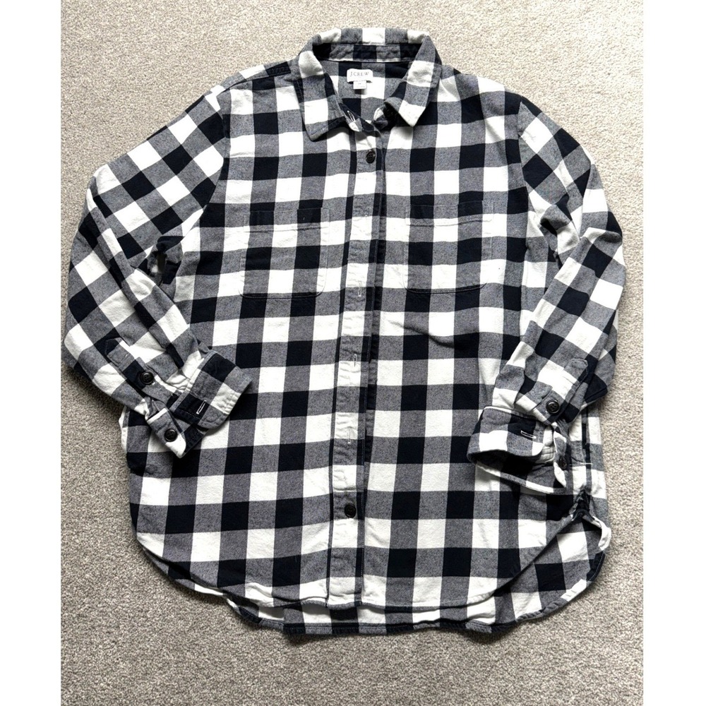 J Crew Buffalo Plaid Flannel Shirt Black White Long Sleeve Button Up Women's M